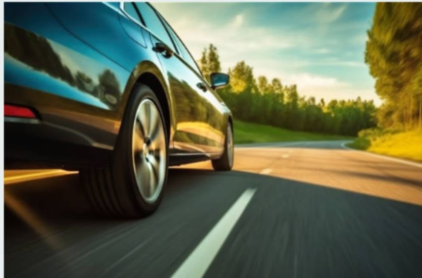 Carro alugado nos EUA, corre ao longo da rodovia ao pôr do sol.