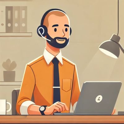 Ilustração de um atendente usando um headset e um laptop, fazendo uma consultoria sobre passagens aéreas mais baratas.