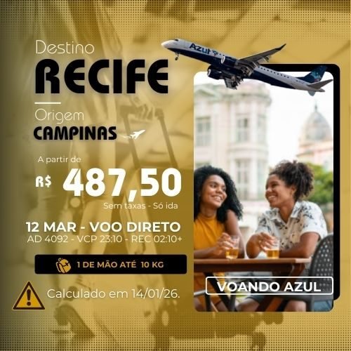 Promoção imperdível de passagem aérea no trecho Campinas - Recife com a Azul.